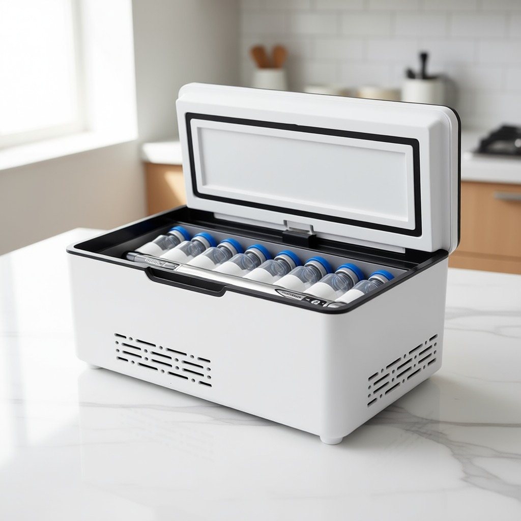 A full row of vials and pens inside Cryova