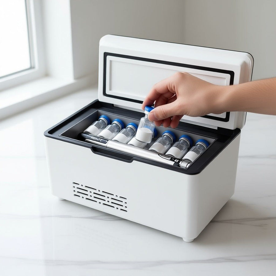 A vial being placed into an open Cryova portable fridge