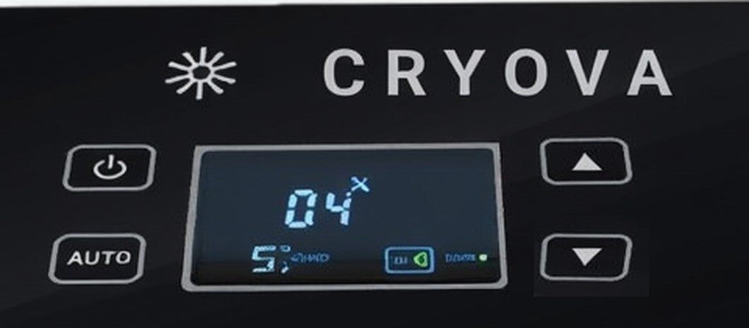 Close-up of the Cryova glass touch panel: power, auto, temperature display and up/down keys