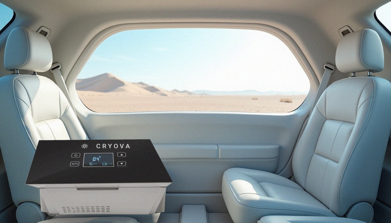 Cryova on a car seat with the desert outside