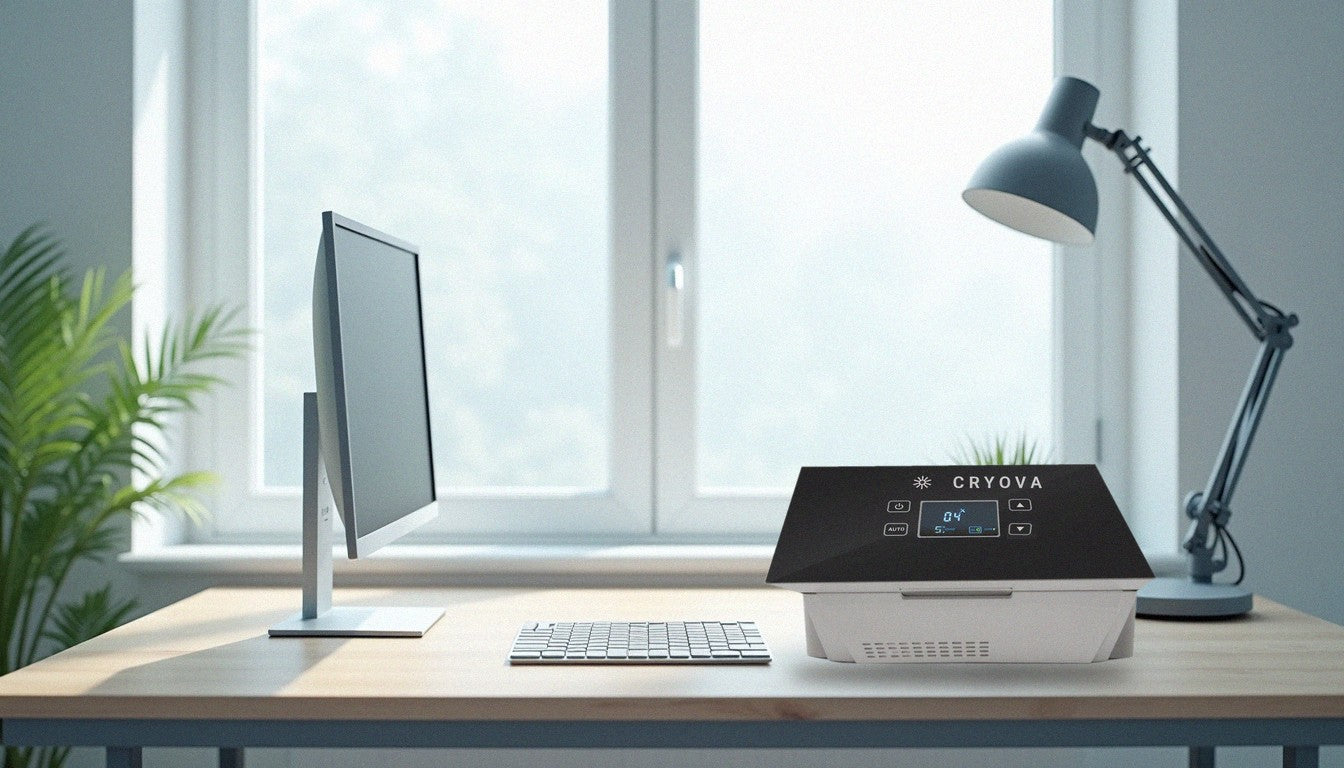 Cryova on a desk beside a monitor and keyboard