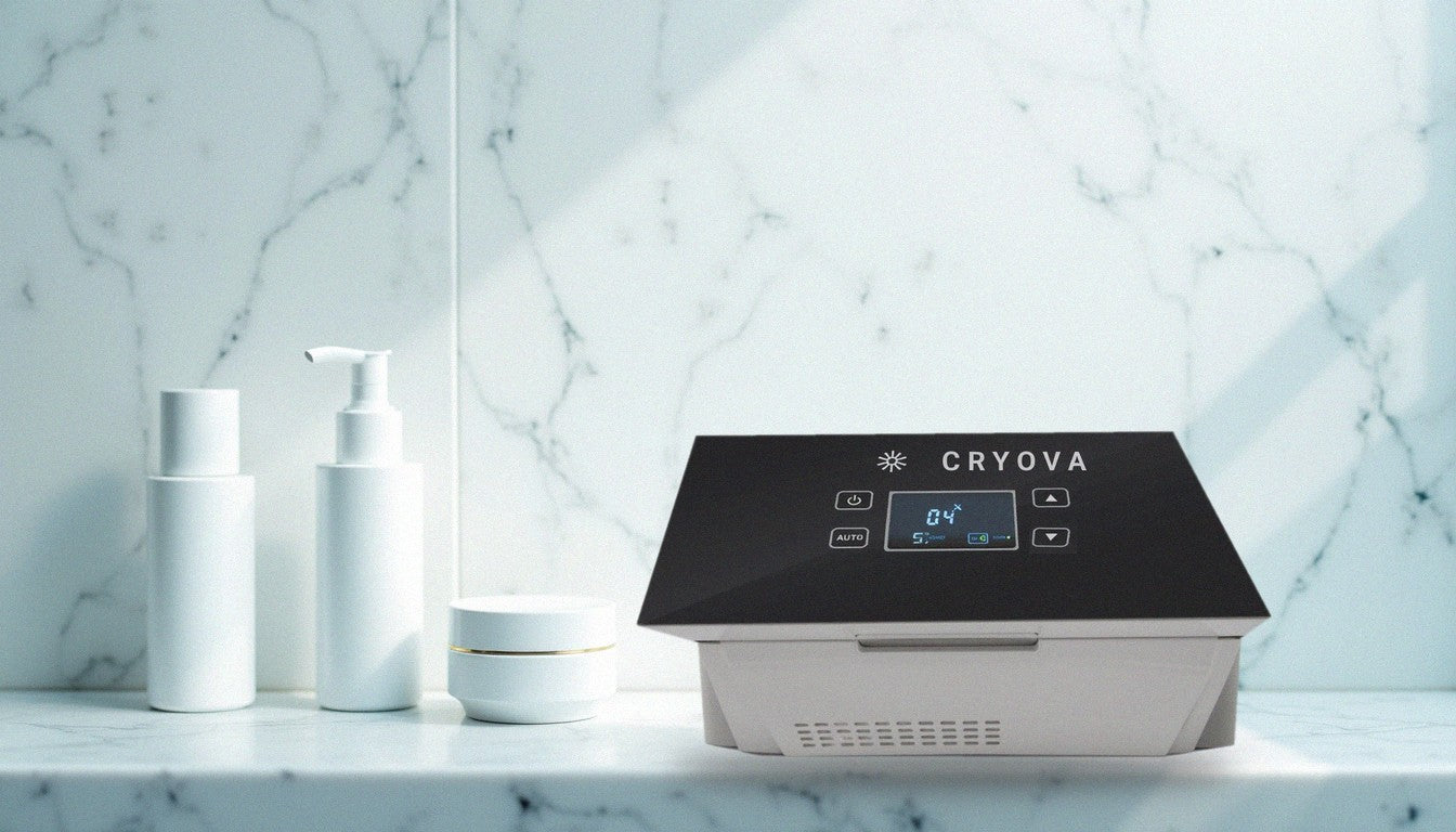 Cryova on a marble bathroom counter next to skincare bottles